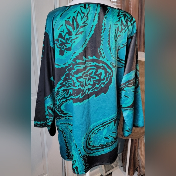 Oscar de la Renta for Swirl 80's 90's Vintage Kimono Blouse Womens M Black Teal - Picture 4 of 11